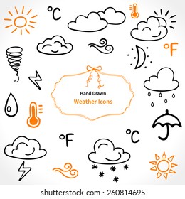 Hand drawn weather vector icons. Perfect for design, for website design. Vector illustration.