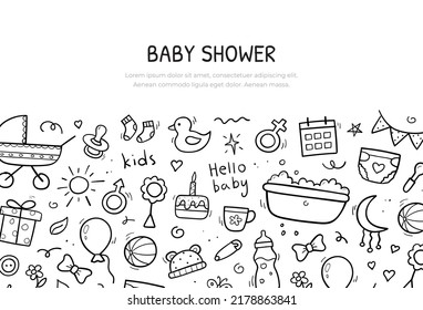 Hand drawn web banner of baby objects and elements. Background template design. Vector illustration.