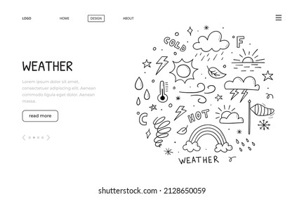 Hand drawn web banner of weather elements. Sketch style. Illustration for banner, website, landing page template design.