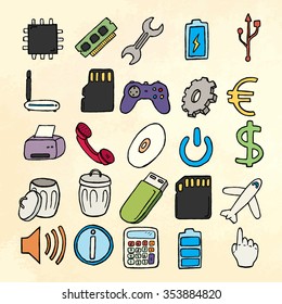 Hand drawn web and computer icons set.