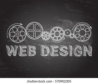 Hand drawn web design sign and gear wheels on blackboard
