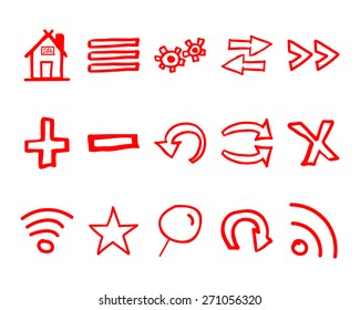 Hand drawn web icons and logo, arrows, internet browser elements set. Sketch, doodle stylish and unusual design. Isolated on white background. Vector illustration