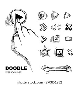 hand drawn web icons set of video player. Doodle vector