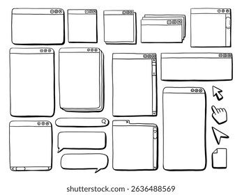 Hand Drawn Web Interface Element. A creative collection of nineteen hand drawn web interface icons including browser cursors search bars and chat bubbles. Perfect for UI sketches and digital mockup - Powered by Shutterstock - Get 15% off with code: PIKWIZARD15