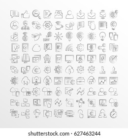 hand drawn web social media, network and seo icons 