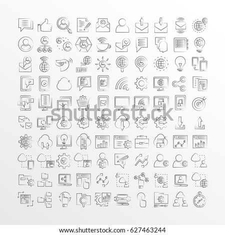 hand drawn web social media, network and seo icons 