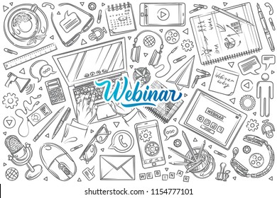 Hand drawn webinar set doodle vector background