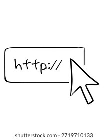 Barra de endereço de site desenhada à mão com texto http e seta do cursor, isolada em fundo branco. Ideal para web design, internet, navegação, SEO, e conceitos de marketing digital.