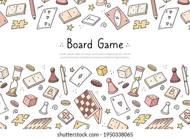 Hand drawn website banner template with of board game element. Doodle sketch style. Vector illustration for board game shop, store background, game competition banner, frame