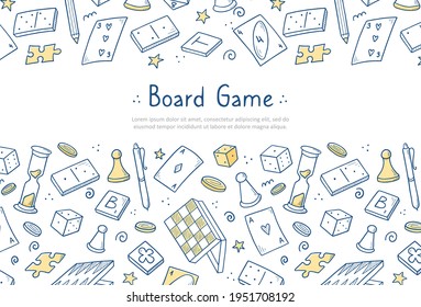 Hand drawn website banner template with of board game element. Doodle sketch style. Vector illustration for board game shop, store background, game competition banner, frame