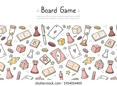 Hand drawn website banner template with of board game element. Doodle sketch style. Vector illustration for board game shop, store background, game competition banner, frame