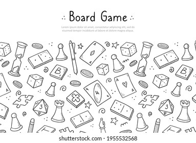 Hand drawn website banner template with of board game element. Doodle sketch style. Vector illustration for board game shop, store background, game competition banner, frame