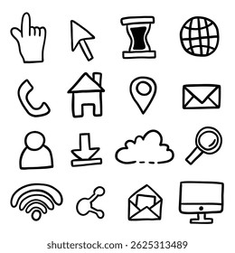 hand drawn website internet icon illustration set