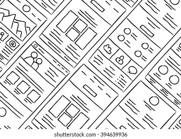 Hand drawn website layouts. doodle style design. Website layout doodle. Web page graphic template.UI kit sketch internet page.Portfolio webpage idea. Creative web design sketch. Wireframe page layout.
