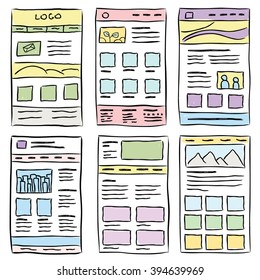 Hand drawn website layouts. doodle style design. Website layout doodle. Web page graphic template. UI kit sketch internet page.Portfolio webpage idea. Creative web design sketch.Wireframe page layout.