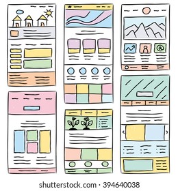 Hand drawn website layouts. doodle style design. Website layout doodle. Web page graphic template. UI kit sketch internet page.Portfolio webpage idea.Creative web design sketch. Wireframe page layout.