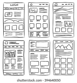 Hand drawn website layouts. doodle style design.Website layout doodle. Web page graphic template. UI kit sketch internet page.Portfolio webpage idea. Creative web design sketch. Wireframe page layout.