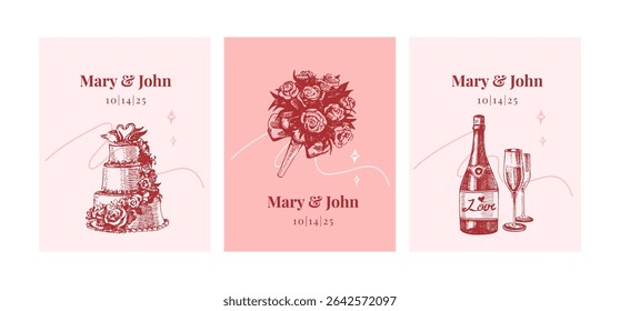 Hand drawn wedding banner set. Coquette invitation, greeting card, bridal decor. Vintage sketch vector illustration.