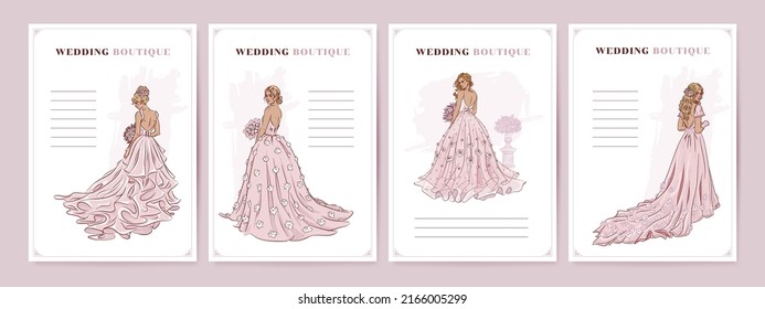 Hand drawn wedding boutique poster collection. Vector illustration of beautiful bride