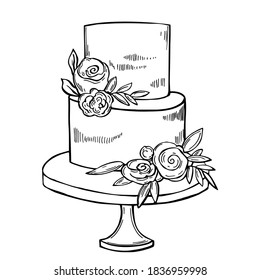 Hand drawn wedding cake with flowers  on white background.  Vector sketch illustration.