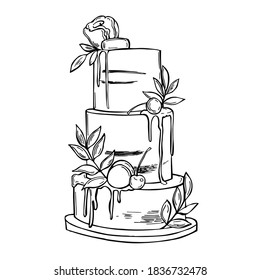 Hand drawn wedding cake on white background.  Vector sketch illustration.