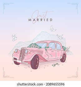 Hand drawn wedding car. Colorful wedding background for invitations, greeting cards, flyers and covers. Vector illustration
