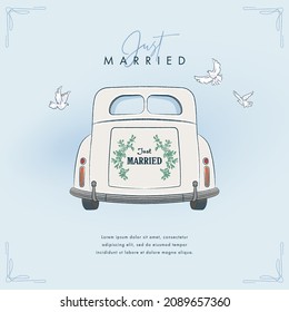 Hand drawn wedding car. Colorful wedding background for invitations, greeting cards, flyers and covers. Vector illustration