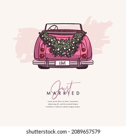 Hand drawn wedding car. Colorful wedding background for invitations, greeting cards, flyers and covers. Vector illustration