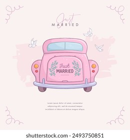 Hand drawn wedding car. Colorful wedding background for invitations, greeting cards, flyers and covers. Square social media banner design template. Vector illustration