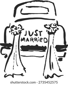 Hand drawn wedding car with Just Married sign and cans