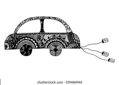 Hand drawn wedding car. Wedding template in doodle style. Just married banner.