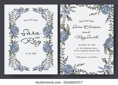 Hand drawn wedding card with hydrangea flower, blooms, bouquet, ribbon, bow illustration design for flyer, poster, wedding invitation, cover.
