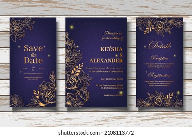 Hand Drawn Wedding Card Set with Golden Floral Decoration