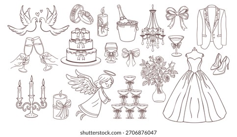 Hand drawn wedding celebration elements collection. Doodle icons. Holiday illustrations for wedding invitations. Sketch.
