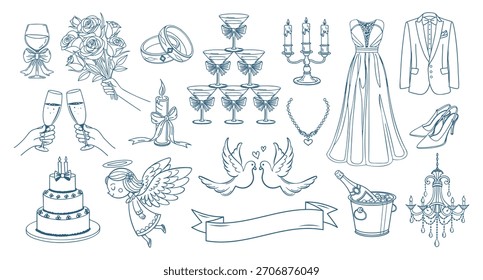 Hand drawn wedding celebration elements collection. Doodle icons. Holiday illustrations for wedding invitations. Sketch.