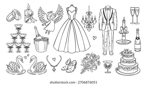 Hand drawn wedding celebration elements collection. Doodle icons. Holiday illustrations for wedding invitations. Sketch.