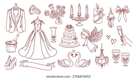 Hand drawn wedding celebration elements collection. Doodle icons. Holiday illustrations for wedding invitations. Sketch.