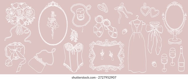 Hand drawn wedding ceremony illustrations. Bride icons in baroque or rococo style with whimsy elegant frames and pearl with lace decorations. Wedding borders and elements for invitations and menus.