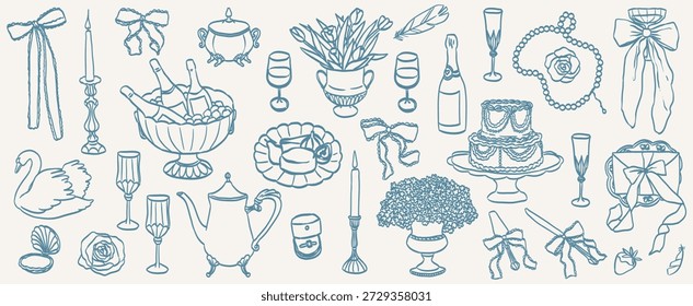 Hand drawn wedding ceremony illustrations. Bride icons in baroque or rococo style with whimsy elegant frames and pearl with lace decorations. Wedding borders and elements for invitations and menus.