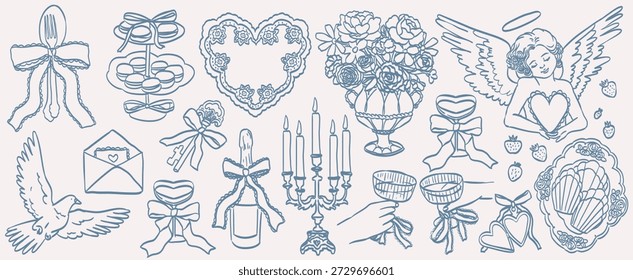 Hand drawn wedding ceremony illustrations. Wedding icons in victorian, baroque or rococo style with whimsy elegant ornaments and lace decorations. Trendy romantic elements for invitations and menus.