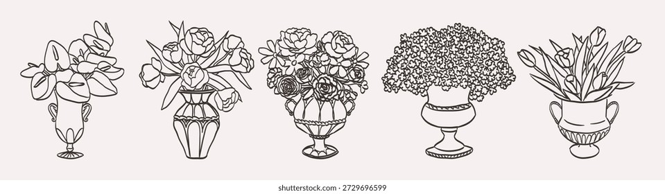 Jarrones de boda dibujados a mano con ilustraciones de ramos de flores. Iconos de Boda en estilo victoriano, barroco o rococó con elegantes decoraciones de adornos. Elementos románticos para invitaciones o menús.