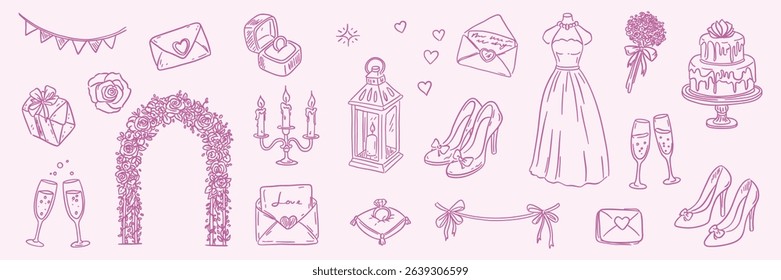 Hand drawn wedding clipart set with dresses, rings, cake, decor, and couple. Romantic linear bridal collection on soft background.