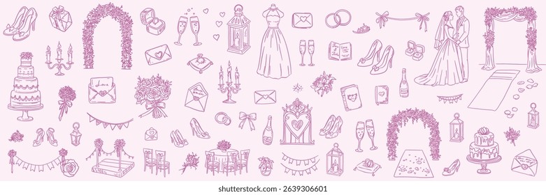 Hand drawn wedding clipart set with dresses, rings, cake, decor, and couple. Romantic linear bridal collection on soft background.