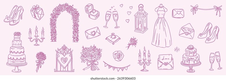 Hand drawn wedding clipart set with dresses, rings, cake, decor, and couple. Romantic linear bridal collection on soft background.