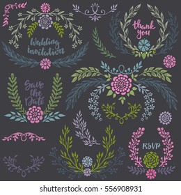 Hand drawn wedding collection with lettering. Vector set of sketched branches, wreaths, frames and flowers
