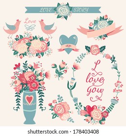 Hand drawn wedding collection with vector design elements such as ribbon, birds, flowers, frame, label on a white background. Pastel colors.