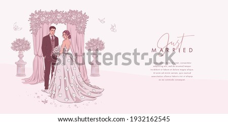 Hand drawn wedding couple background. Vector illustration of young beautiful bride and groom