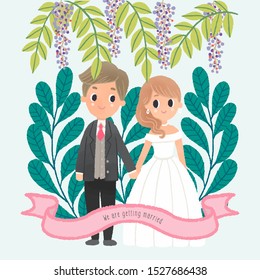 Hand drawn wedding couple character standing hand in hand leaves natural background