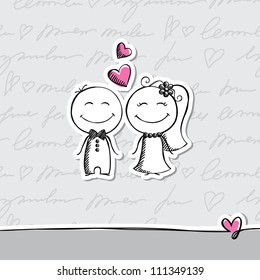 hand drawn wedding couple on gray background