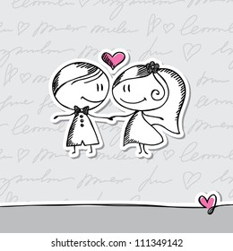 hand drawn wedding couple on gray background